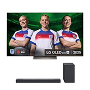 Front view of LG OLED evo AI C5 4K Smart TV. 12 Years of world number 1 OLED emblem and LG OLED evo AI 2025 logo are on the screen.