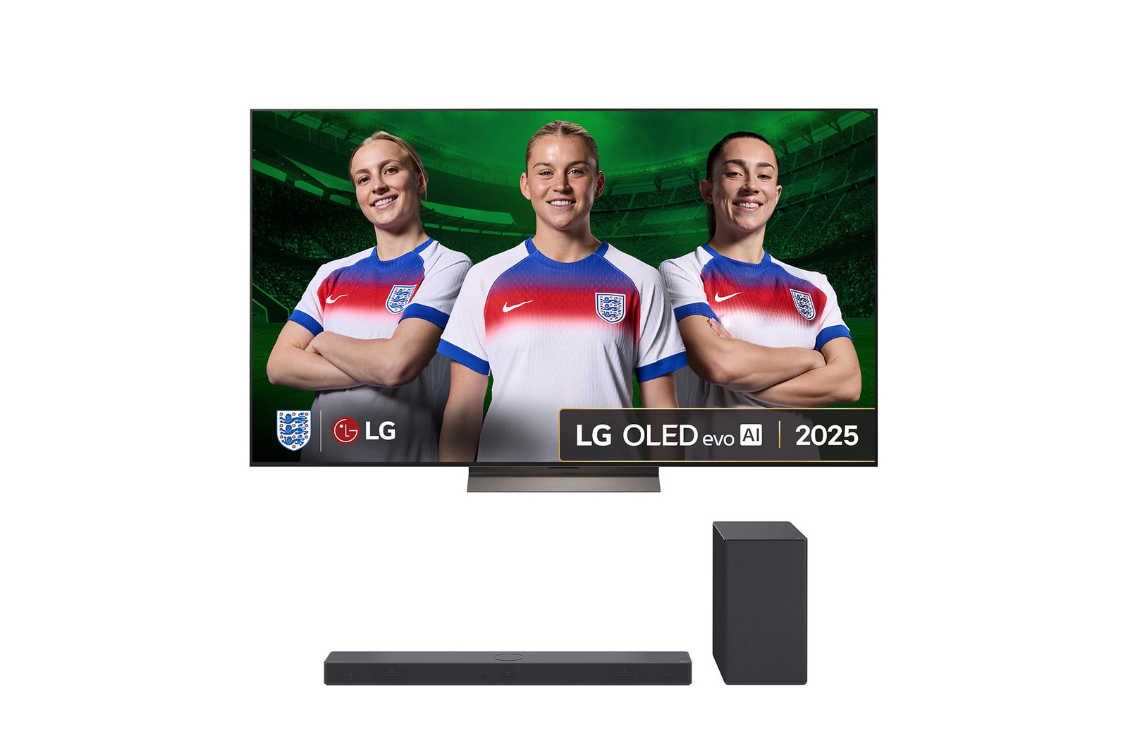 Front view of LG OLED evo AI C5 4K Smart TV. 12 Years of world number 1 OLED emblem and LG OLED evo AI 2025 logo are on the screen.