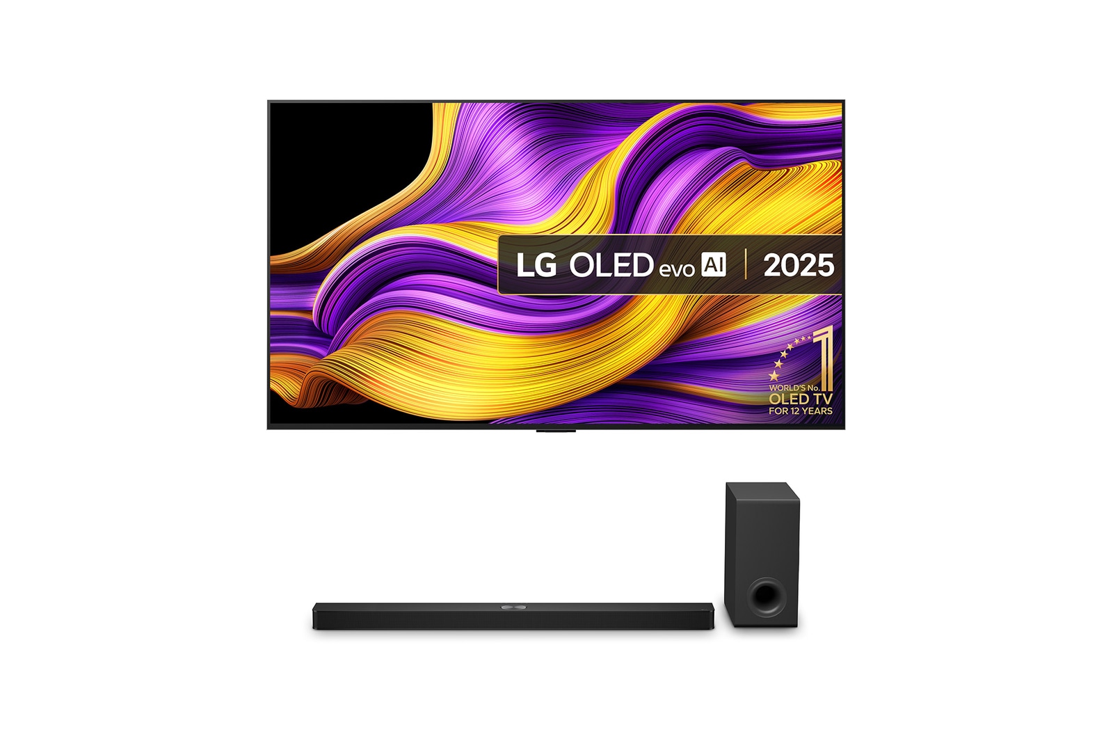 Front view of LG OLED evo AI G5 4K Smart TV. 12 Years of world number 1 OLED emblem and LG OLED evo AI 2025 logo are on the screen.