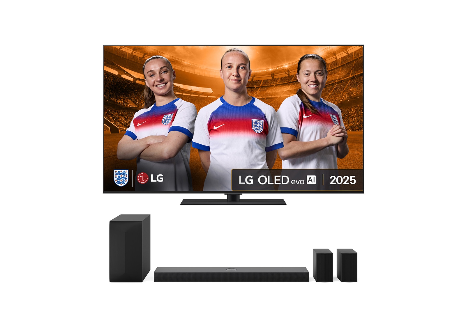 Front view of LG OLED evo AI G5 4K Smart TV. 12 Years of world number 1 OLED emblem and LG OLED evo AI 2025 logo are on the screen.