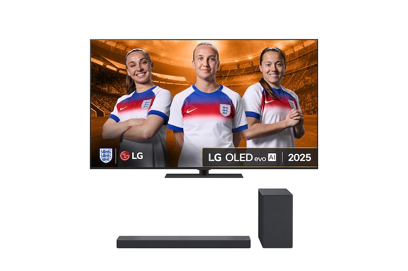 Front view of LG OLED evo AI G5 4K Smart TV. 12 Years of world number 1 OLED emblem and LG OLED evo AI 2025 logo are on the screen.