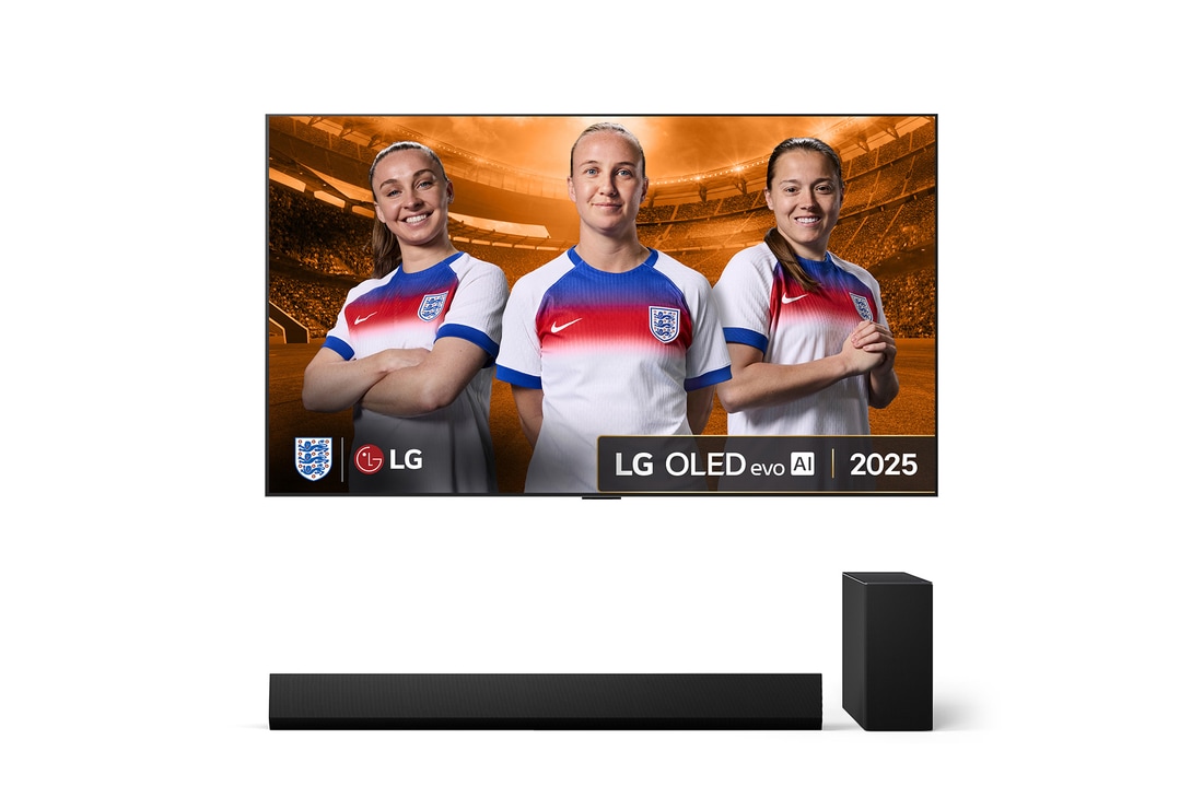 Front view of LG OLED evo AI G5 4K Smart TV. 12 Years of world number 1 OLED emblem and LG OLED evo AI 2025 logo are on the screen.