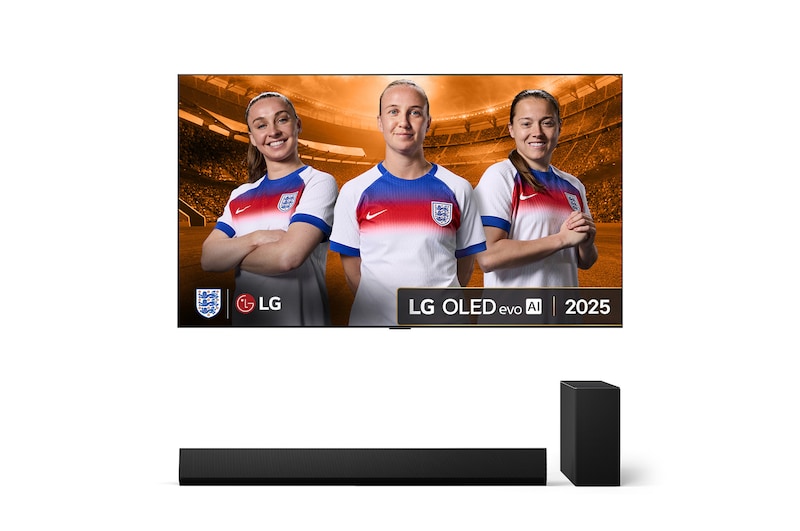 Front view of LG OLED evo AI G5 4K Smart TV. 12 Years of world number 1 OLED emblem and LG OLED evo AI 2025 logo are on the screen.