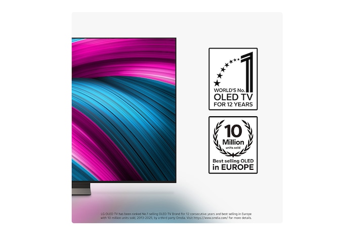 Living room space with a wall-mounted LG OLED TV. On the TV is a mountain range against a dark evening sky filled with stars. This scene is split in half. One side shows a duller, grayer version of the landscape labeled, Non Perfect Black display. On the other side is a more pleasing picture with a larger dynamic range of blacks and whites. 