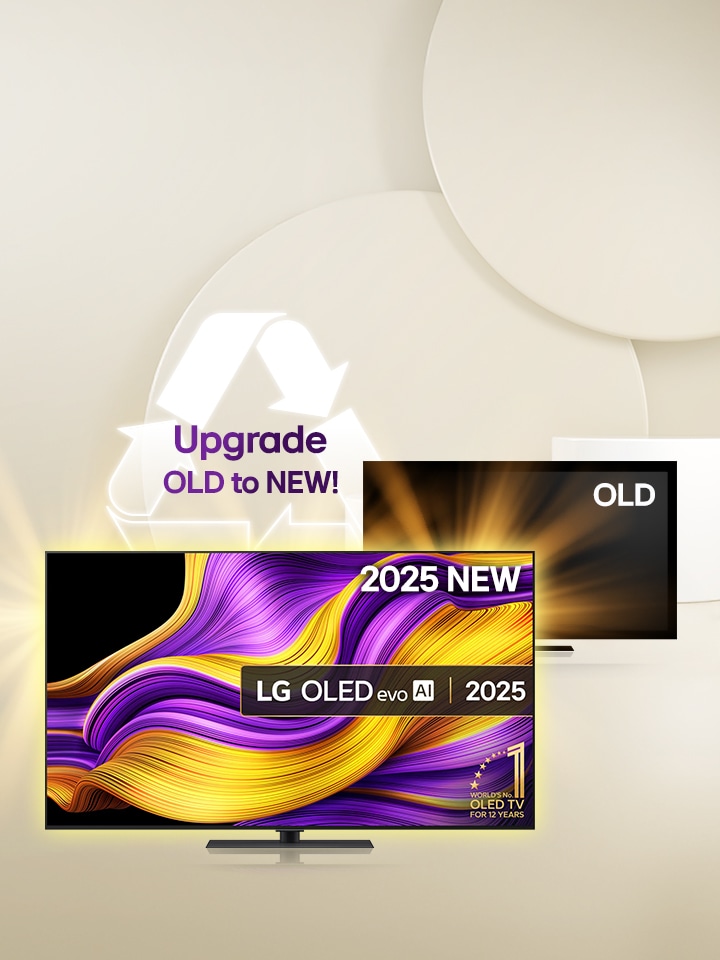 Image showing an LG TV upgrade promotion: trade in old TVs for a 2025 OLED model with up to 60% discount.