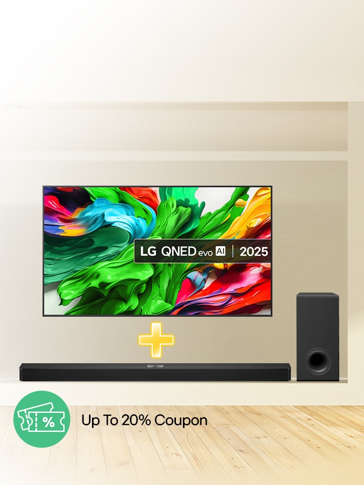 LG TV promotion offering a free soundbar with the purchase of selected 2025 QNED evo AI TVs.