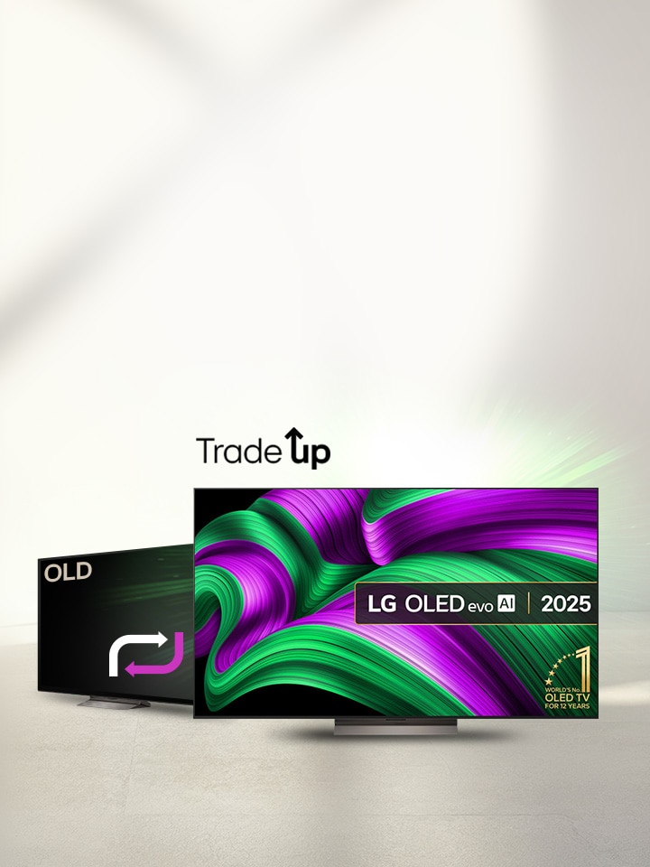 Image showing LG TV trade-in promotion: upgrade from an old TV to a larger 2025 OLED model with up to 60% discount including a 20% coupon.