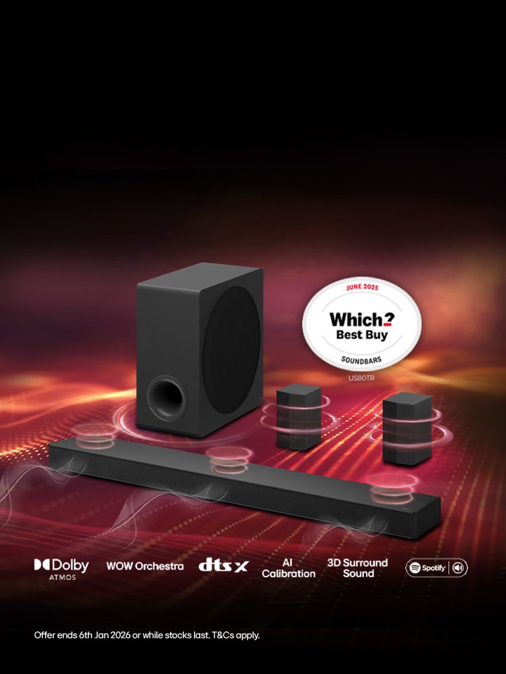 lg US80TR soundbar with which? award on a dark background with red waves representing sound
