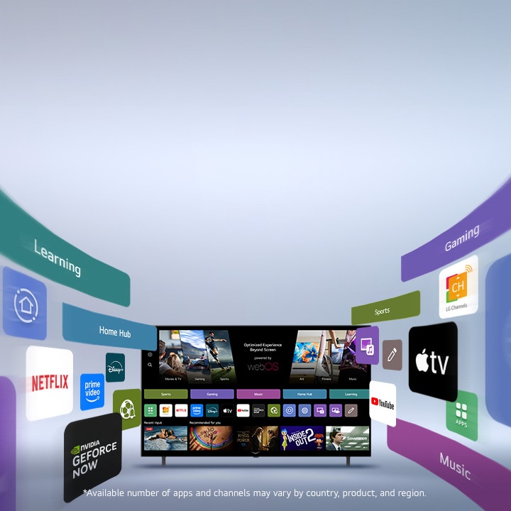 LG Smart TV displaying webOS home screen with entertainment apps and LG Channels UI elements dynamically expanding outward, highlighting global apps and channels.