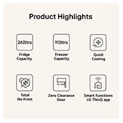 GBBS524CEV Product Highlights Feature Cards with 6 USPs Showing Capacity Cooling Effectiveness Smart Function and Flush Design 