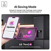 GBBSJ10EEP Feature Card Showing AI Saving Mode Through Thin Q App Hand Is Holding Phone To Switch On Feature With Fridge In The Background
