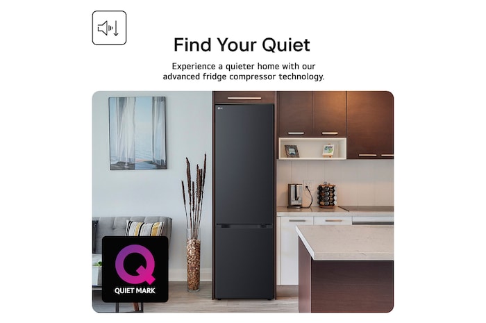 Feature Card Showing LG GBBS524AEV Black Fridge Freezer With A Quiet Mark Award In A Life Style Kitchen Shop