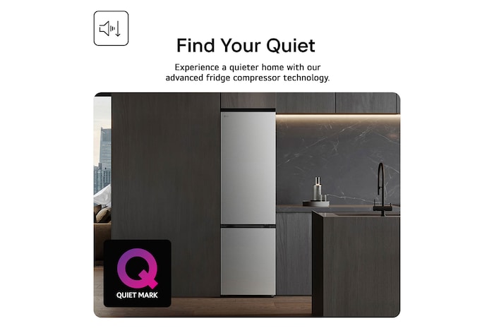 Feature Card Showing LG GBBSJ10EPY Black Fridge Freezer With A Quiet Mark Award In A Life Style Kitchen Shop