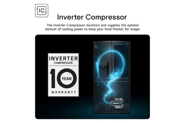 Invertor Compressor With 10 Years Warranty And A Visual Showing Cold Air Flow