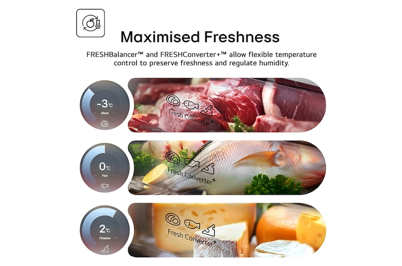 Imag Feature Card Showing  Maximised Freshness With Fresh Convertor And Optimal Temperature For Meats Cheese and Fish  