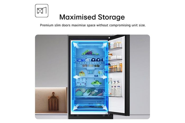 GBBSJ10EEP Feature Card Showing Fridge with Maximised Storage Contains Premium Slim Doors Maximise Space Without Compromising Unit Size