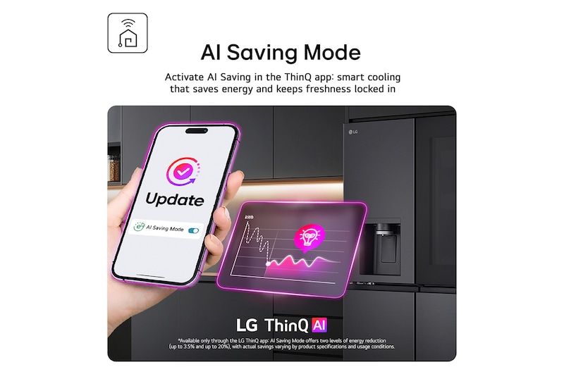 GBBSJ10EEP Feature Card Showing AI Saving Mode Through Thin Q App Hand Is Holding Phone To Switch On Feature With Fridge In The Background