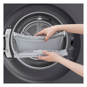 This RHX7010TBB black model standalone image shot in the white background show the close up shot of the machine with the dust filter pulled up and opened