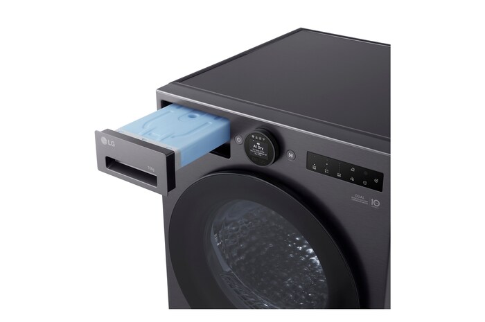 This RHX7010TBB black model standalone image shot in the white background show the close up from top angle 45 degree of the machine, focusing the water collection that need to be emptied 