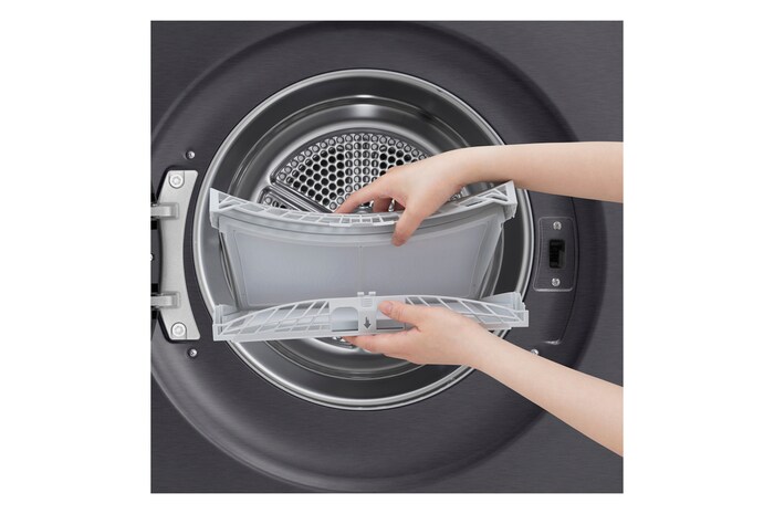 This RHX7010TBB black model standalone image shot in the white background show the close up shot of the machine with the dust filter pulled up and opened