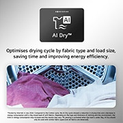 This RHX7010TWB AI Dry Feature card shows optimised drying cycle by fabric type and load size, saving time and improving energy efficiency