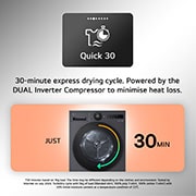 This RHX7010TWB Quick 30 Feature card shows 30-minutes express drying cycle. Powered by the DUAL Inventor Compressor to minimize heat loss