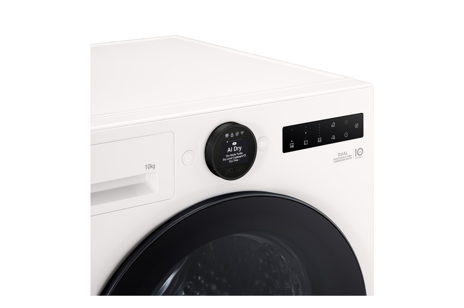 This standalone image of the white RHX7010TWB shows a top‑angle 45° close‑up against a white background, highlighting the AI Dry LCD control panel