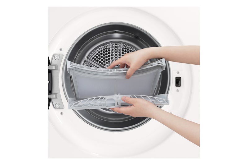 This RHX7010TWB white model standalone image shot in the white background show the close up shot of the machine with the dust filter pulled up and opened