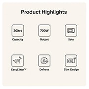 MS2032GASW Product Highlight Card Showing 20 litres capacity 700W output Grill function easy clean Defrost and Interior LED