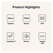 MS2042D Product Highlight Card Showing 20 litres capacity 700W output Grill function easy clean Defrost and Interior LED