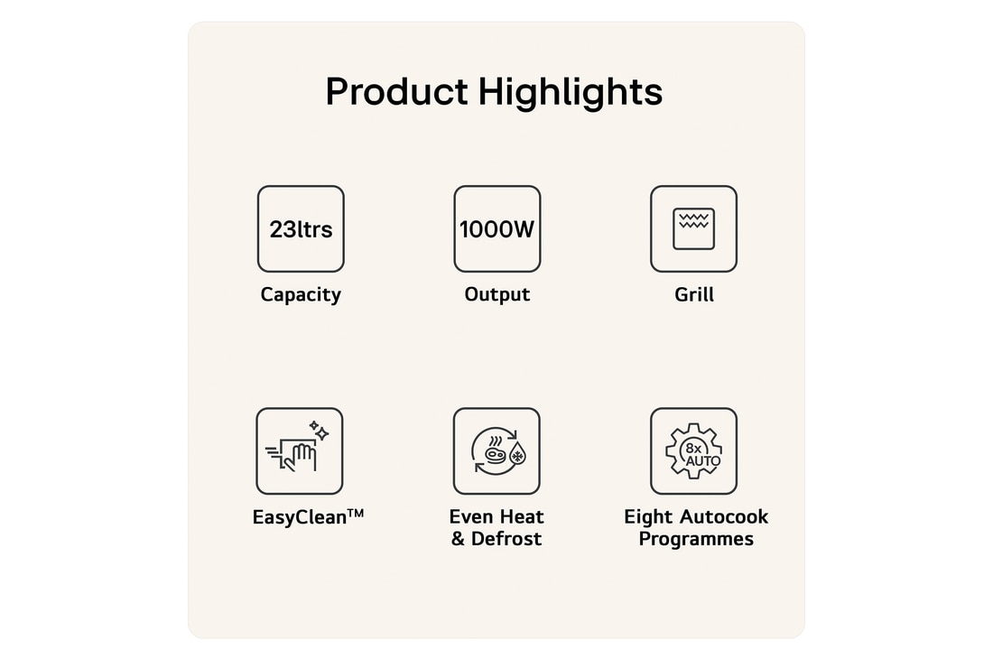 MH6336GIB Product Highlight Card Showing 23 litres capacity 1000W output Grill function easy clean Even Heat and Defrost and Eight Autocook programmes