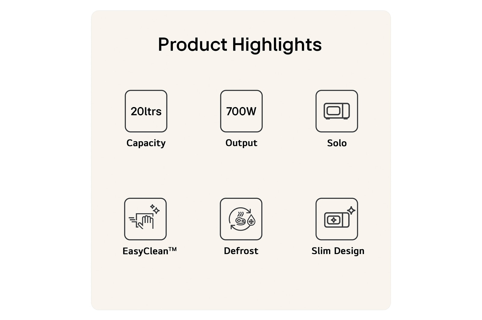 MS2032GASW Product Highlight Card Showing 20 litres capacity 700W output Grill function easy clean Defrost and Interior LED