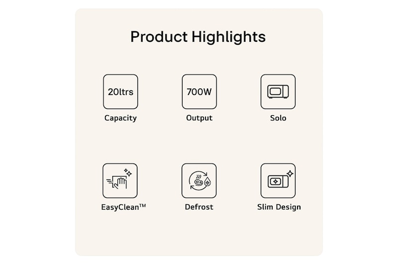 MS2032GASW Product Highlight Card Showing 20 litres capacity 700W output Grill function easy clean Defrost and Interior LED