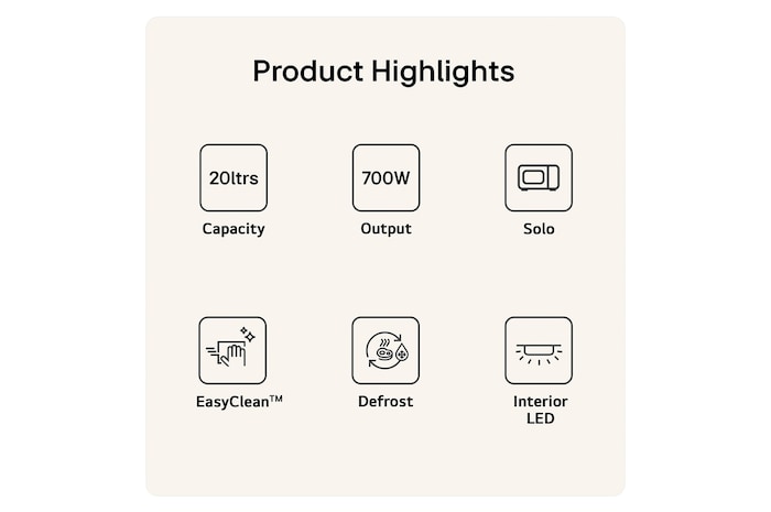 MS2042D Product Highlight Card Showing 20 litres capacity 700W output Grill function easy clean Defrost and Interior LED