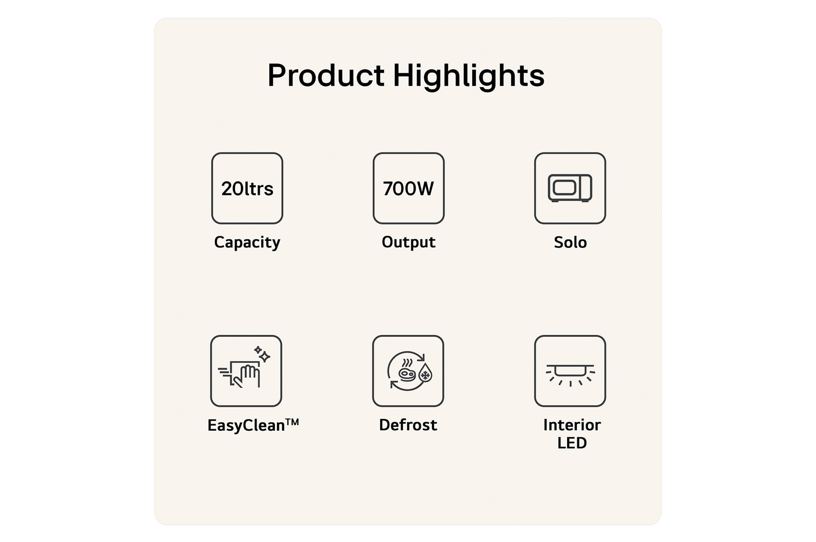 MS2042D Product Highlight Card Showing 20 litres capacity 700W output Grill function easy clean Defrost and Interior LED