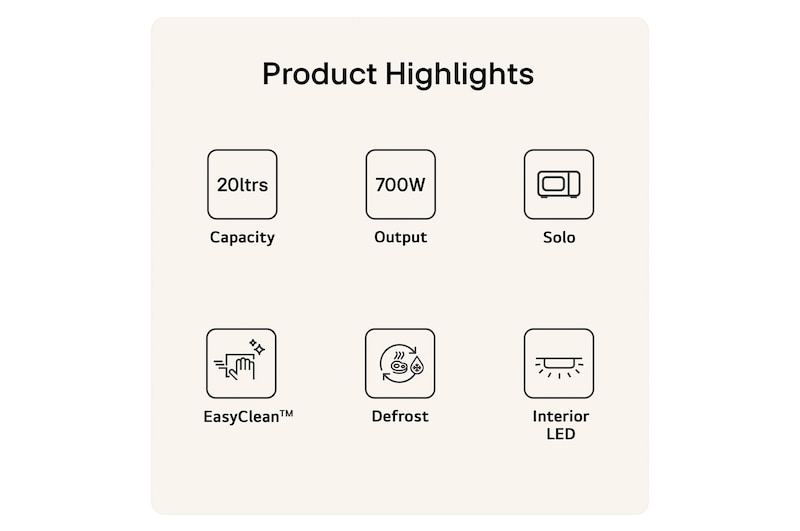 MS2042D Product Highlight Card Showing 20 litres capacity 700W output Grill function easy clean Defrost and Interior LED