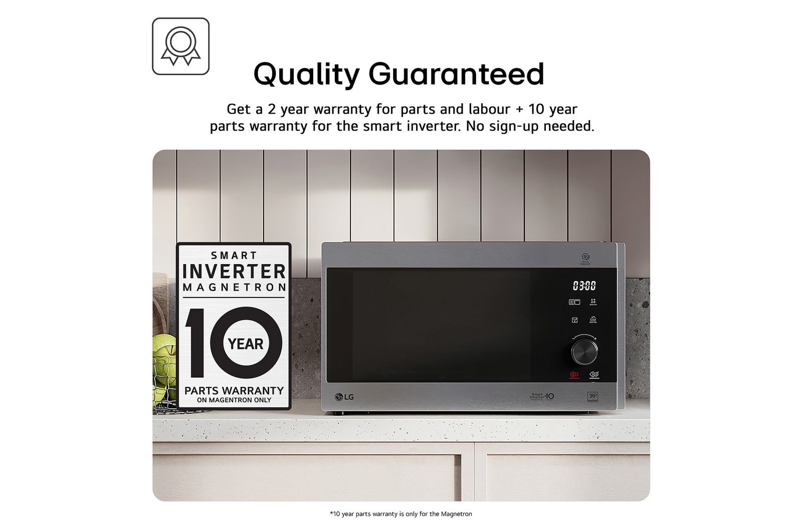 MH6565CPS Feature Card Showing 2 Years Warranty for Part and Labour and  10 Years Warranty on Magnetron only No Sign Up Needed