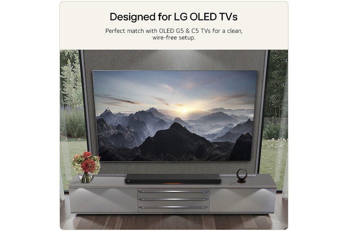 Feature card Designed for LG OLED TVs - showing a lifestyle image with OLED G5 or C5 TVs with the H7 wire-free setup