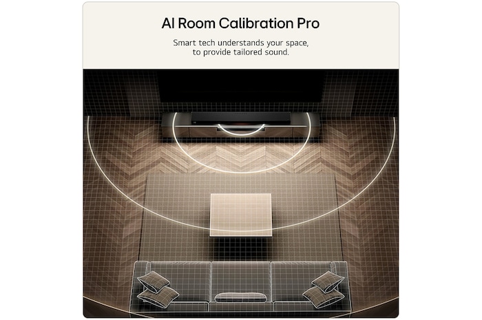 Feature card AI Room Calibration Pro  with wave audio coming out from the H7 as an illustration of how it works by scanning the area