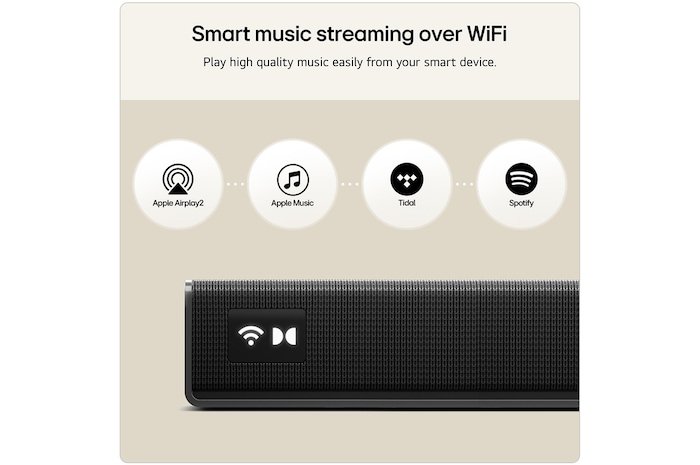 Feature card Smart music streaming over Wifi - highlighting that the device is compatible with Apple AirPlay 2 Apple Music Tidal and Spotify