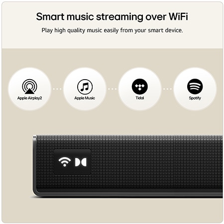Feature card Smart music streaming over Wifi - highlighting that the device is compatible with Apple AirPlay 2 Apple Music Tidal and Spotify
