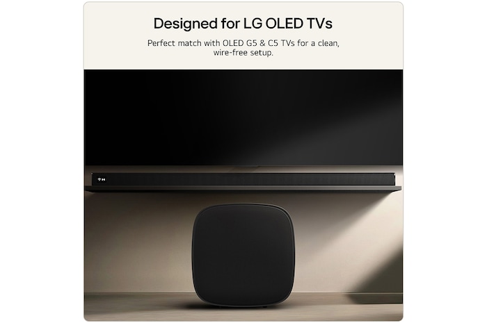 Feature card showing the sound suite W7 next to the LG TV OLED G5 or C5 help to visualise the wire-free setup