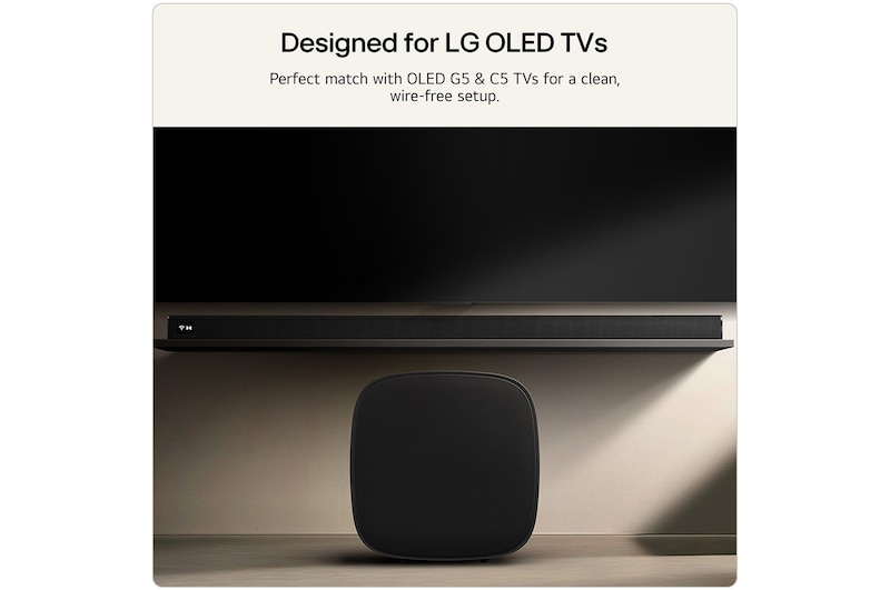 Feature card showing the sound suite W7 next to the LG TV OLED G5 or C5 help to visualise the wire-free setup