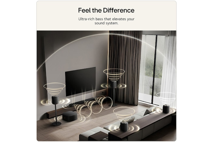 Feature card Feel the Difference - Showing the sound suite setup with ultra-rich bass that elevates the sound system