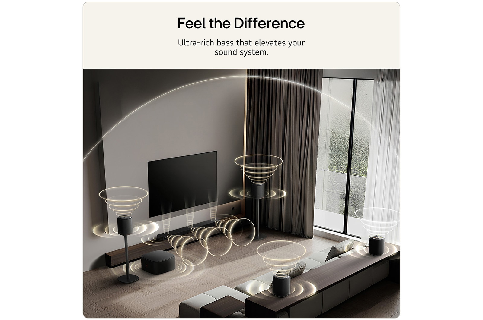 Feature card Feel the Difference - Showing the sound suite setup with ultra-rich bass that elevates the sound system