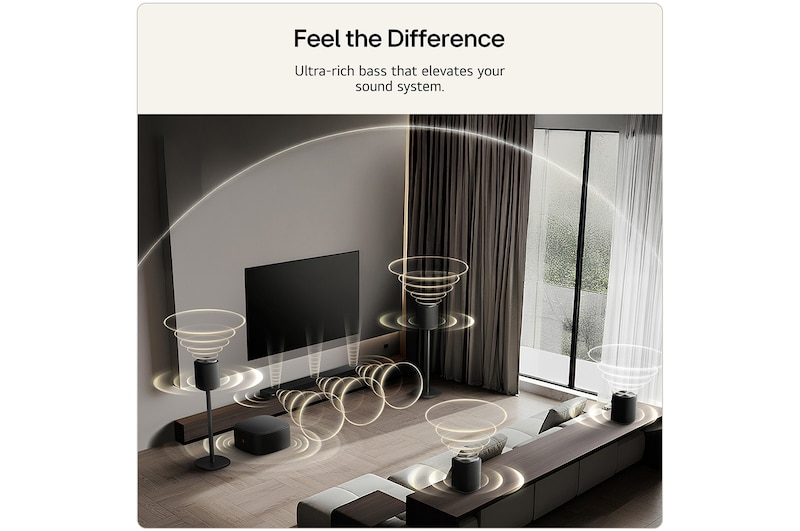 Feature card Feel the Difference - Showing the sound suite setup with ultra-rich bass that elevates the sound system