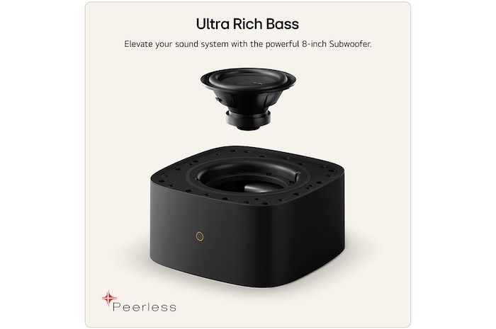 Feature card Ultra Rich Bass - W7 helps to elevate your sound system with the powerful 8-inch subwoofer