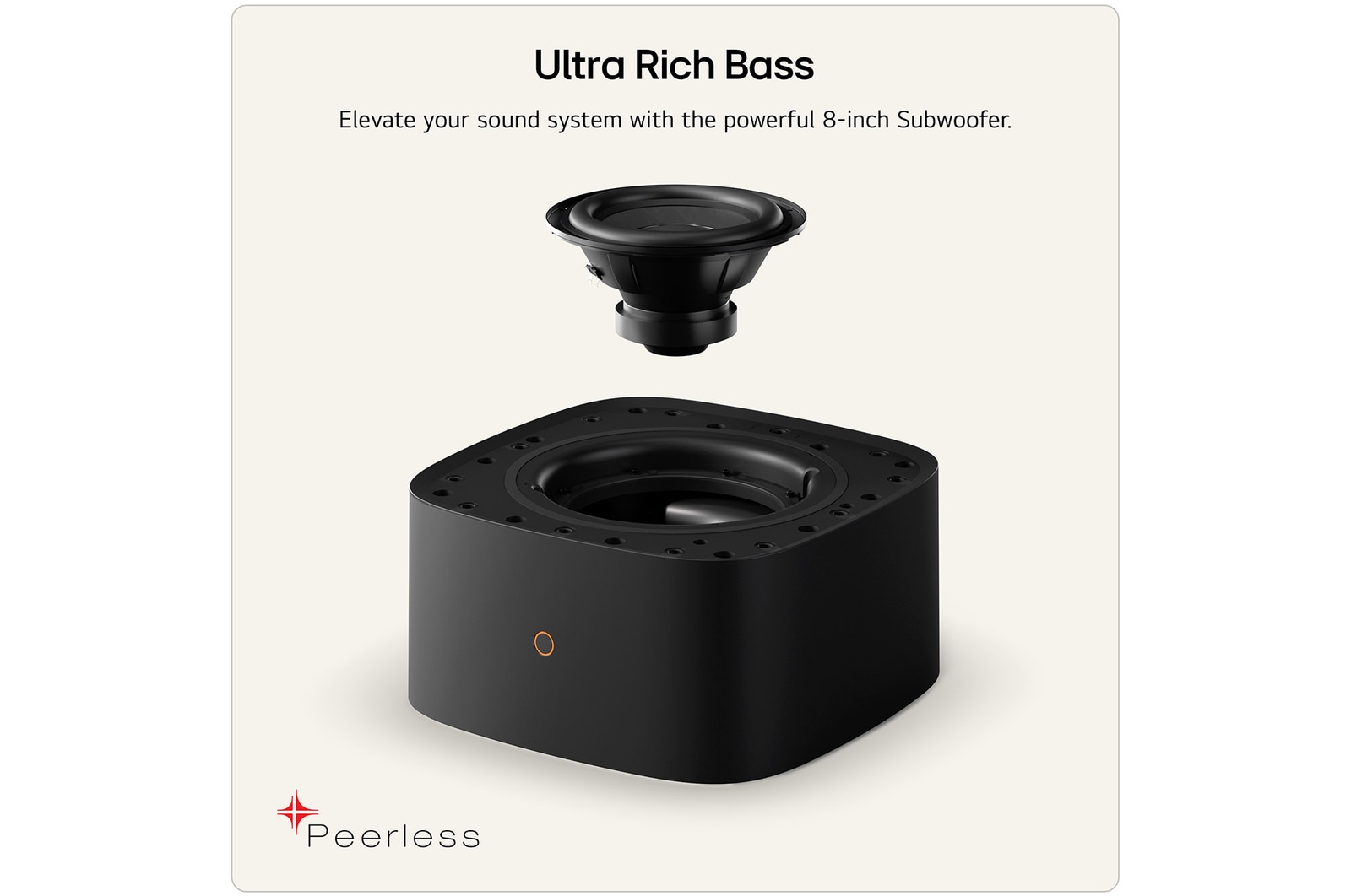 Feature card Ultra Rich Bass - W7 helps to elevate your sound system with the powerful 8-inch subwoofer
