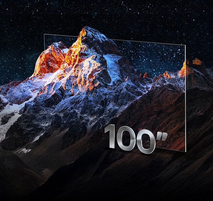 Mountain range with the frame of a TV around it as a creative way to highlight a large TV screen size. With the label 100 inches.