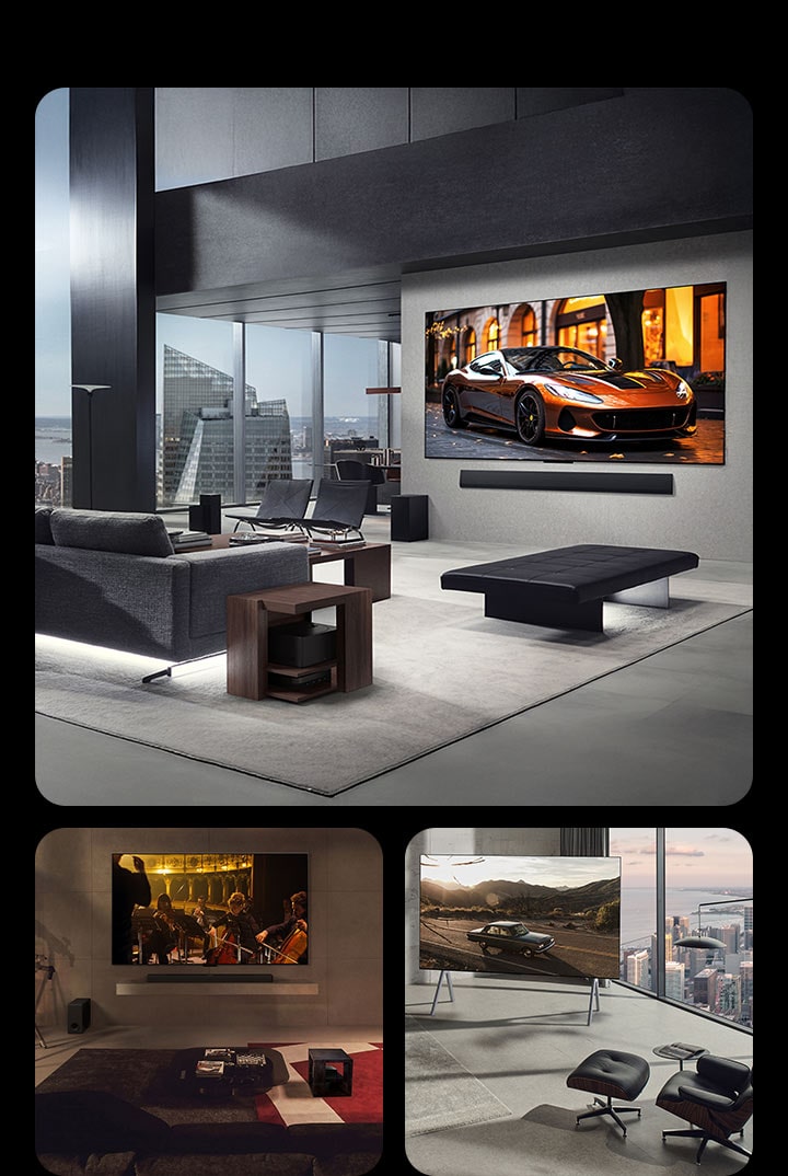 Three different living rooms with an LG True Wireless TV showing how clutter-free the space is without the need for wires. The Zero Connect Box is also seen tucked away somewhere, almost hidden from sight.